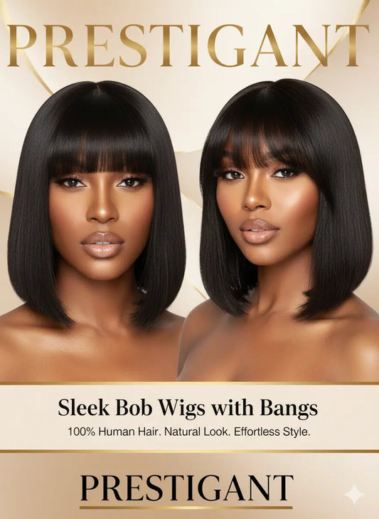 Human Hair Bob Wig with Qi Bangs - Short Prestigant