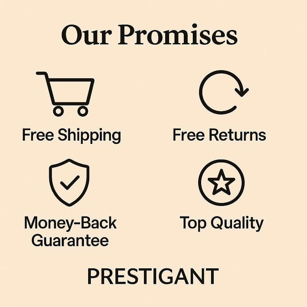 List of promises including free shipping, free returns, money-back guarantee, and top quality on a beige background.