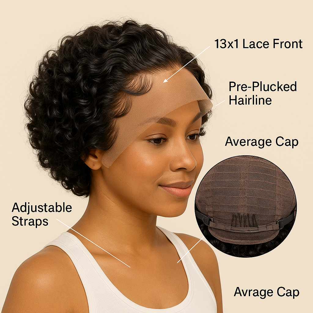Perruque courte bouclée en cheveux humains avec dentelle frontale