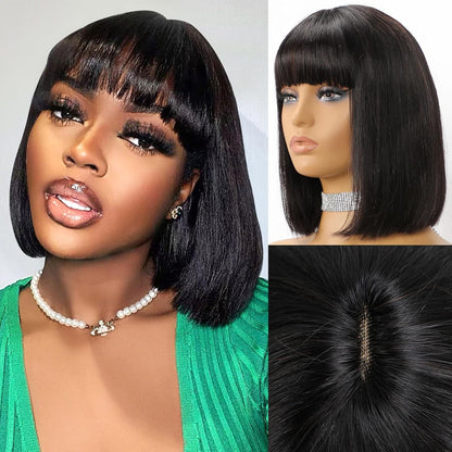 Collage of a woman with a black bob wig, a mannequin head with the same wig, and a close-up of the wig hair.