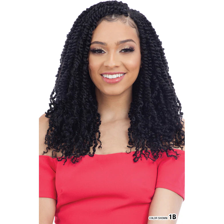 Woman with Big Puff Braid Wig wearing a red top on a white background