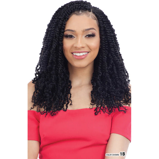Woman with Big Puff Braid Wig wearing a red top on a white background