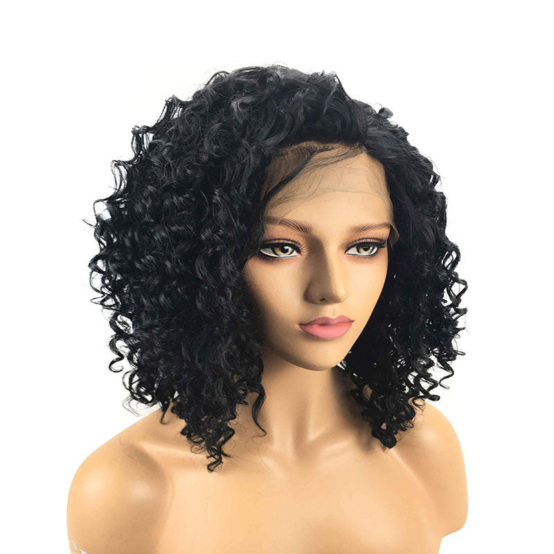 A woman wearing a Prestigant black small curly lace front wig