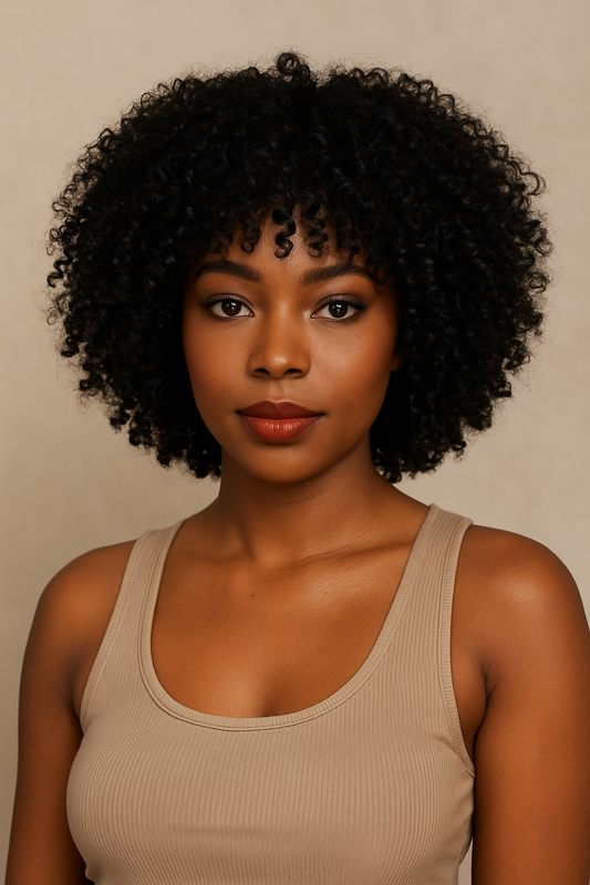 Woman with curly hair wearing a beige tank top against a neutral background Fluffy Bandage Wig