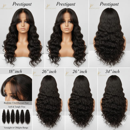 Collage of Prestigiant wigs in different lengths on mannequin heads.