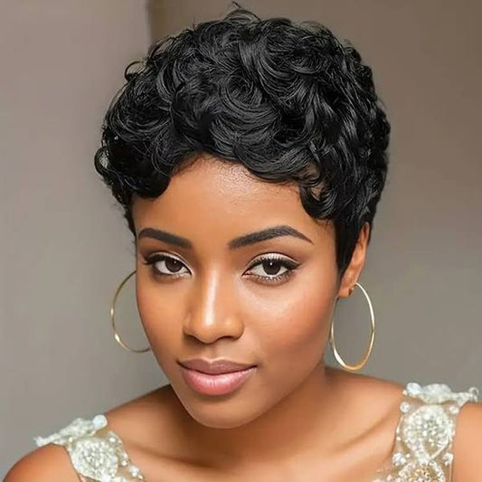 Short Black Curly Wig Model
