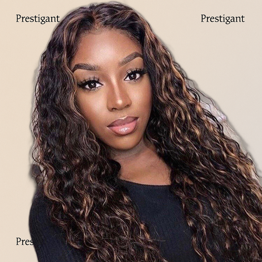 A woman wearing a long curly lace front wig with the brand name 'Prestigant' visible.